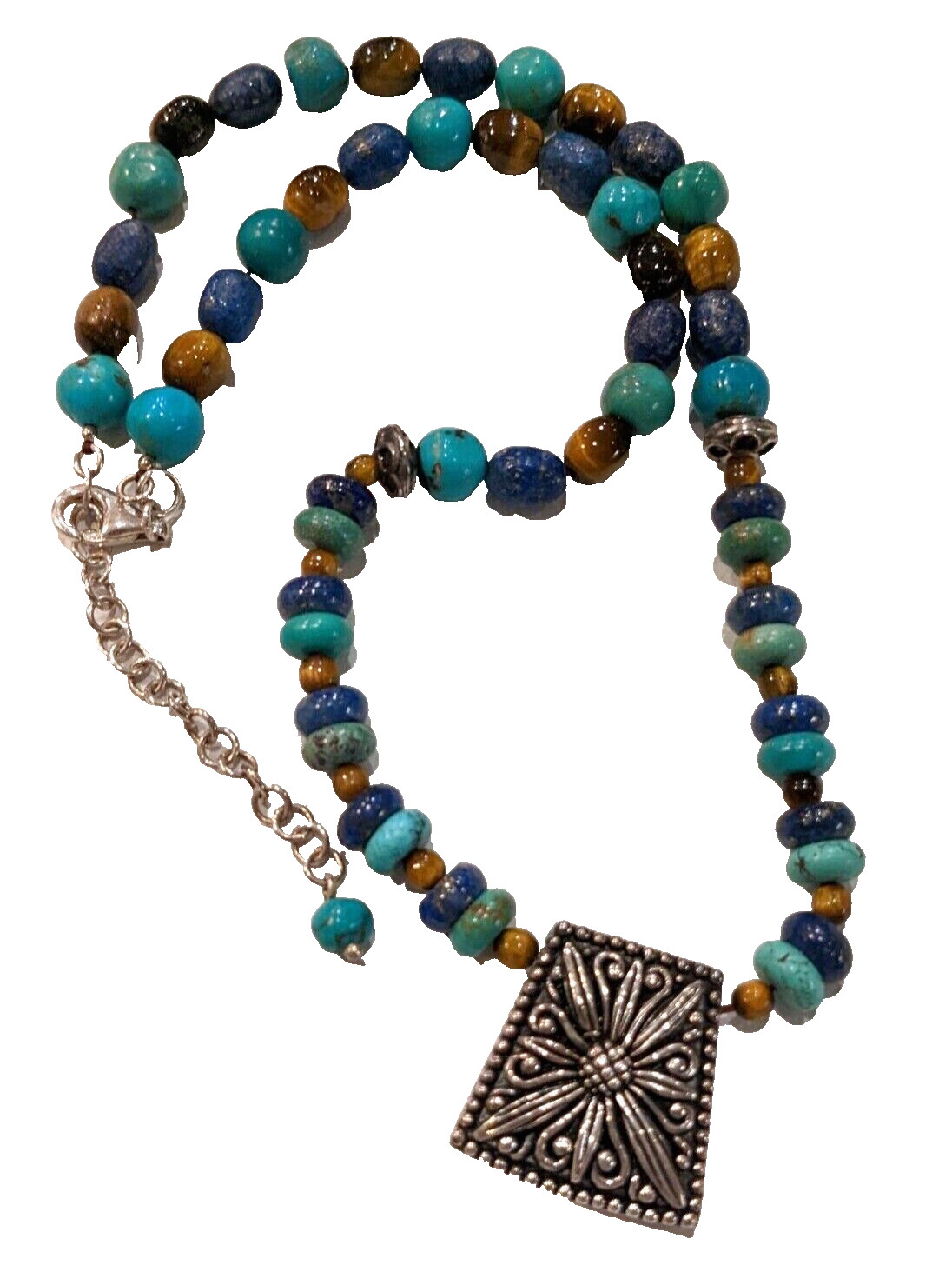 SAMUEL B Turquoise Lapis Tigers Eye Bead Necklace Sterling Flower Pendant