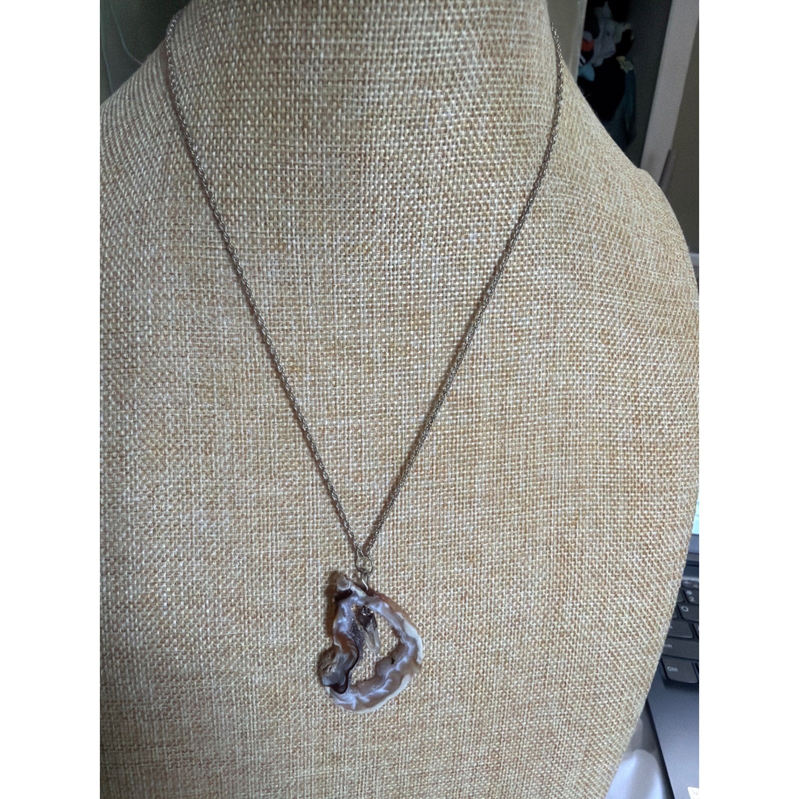 Natural Agate Geode Slice Necklace with Raw Crystal Point Pendant Silver Tone