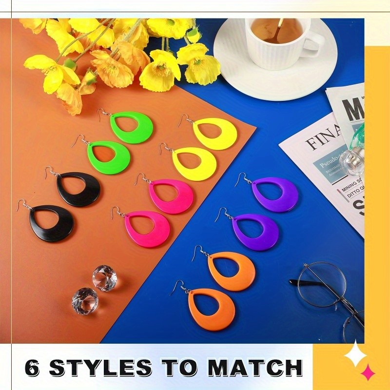 6 Pairs of Neon-themed Party Pendant Earrings, Teardrop-shaped Earrings