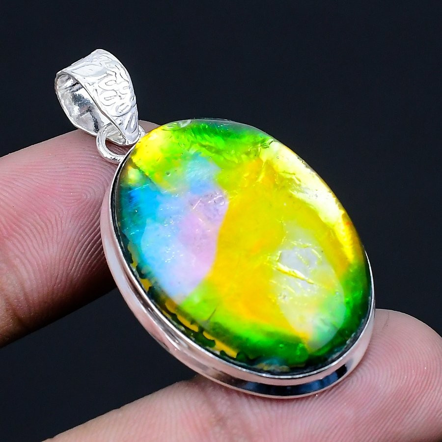 Ammolite 925 Silver Plated Handmade Pendant of 1.78″
