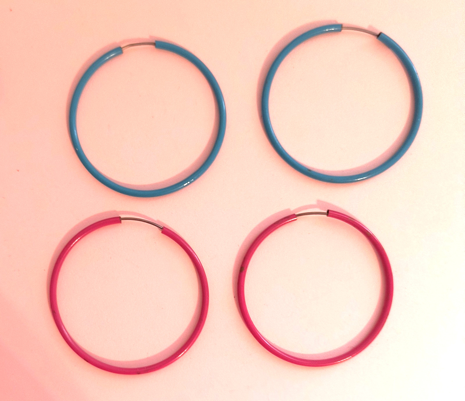 2 Pairs Hoop Metal Earrings for Pierced Ears Aqua Dark Pink 1 3/4 Inches