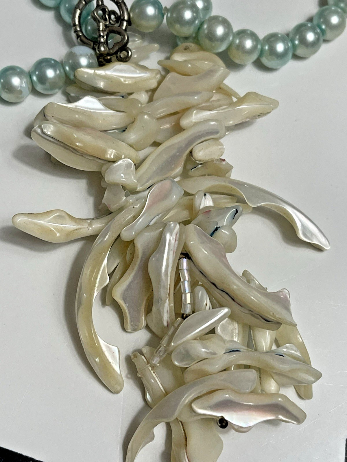 Light Blue Faux Pearl Mother of Pearl Shell Shard Statement Toggle Necklace 27in