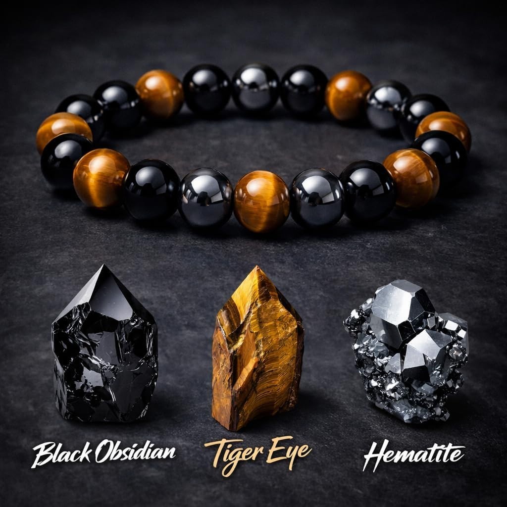 Black Obsidian Hematite Tiger Eye Triple Protection Bracelet Natural Stone 10mm