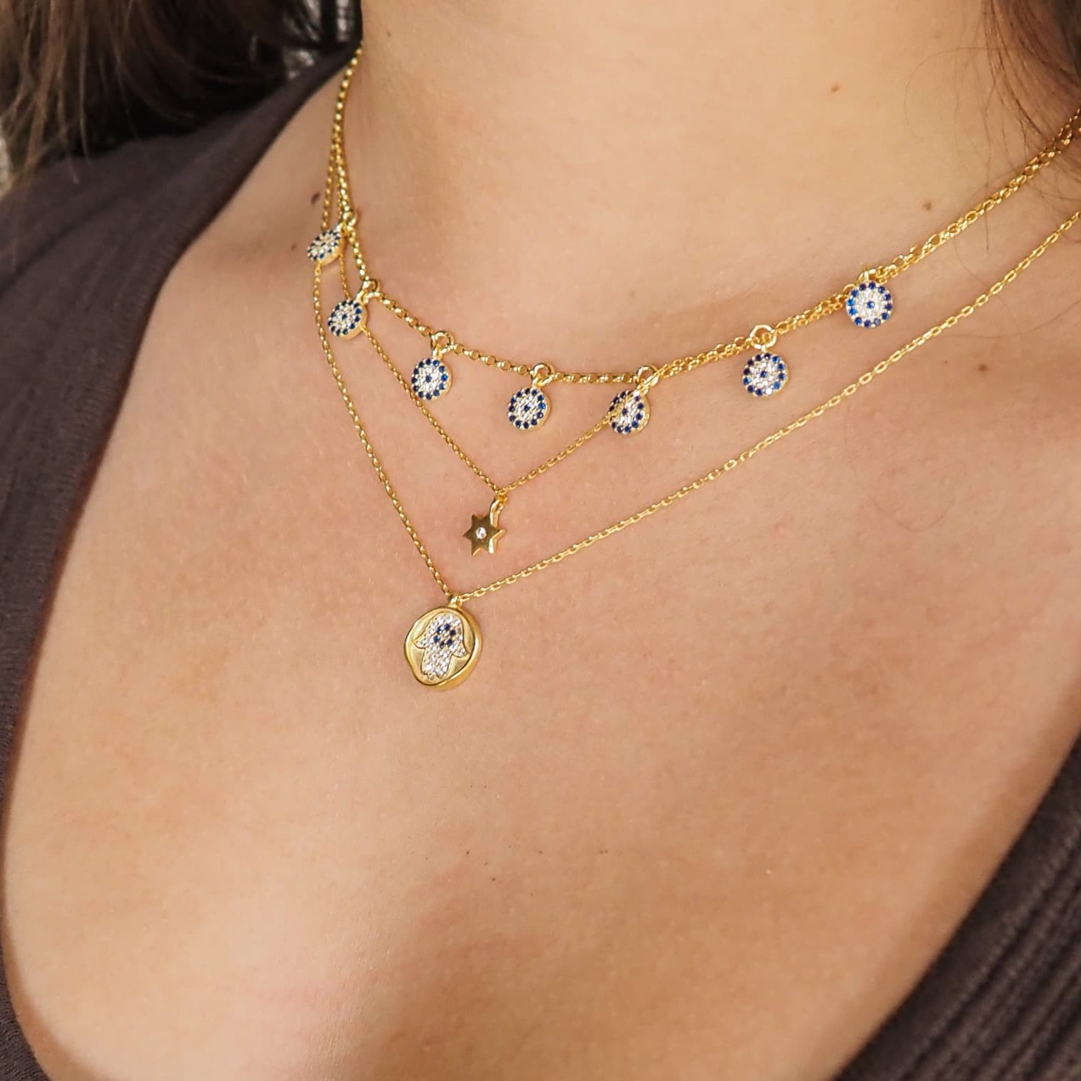 14k Gold Plated Hamsa Necklace Evil Eye Sterling Silver CZ Pendant