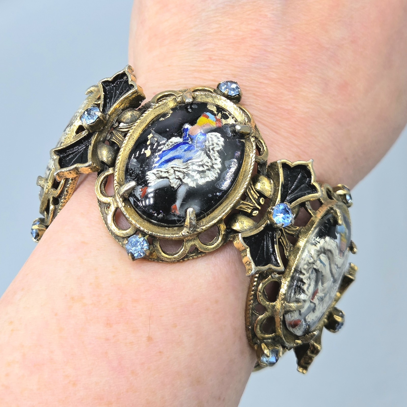 Vintage Can-Can Dancer Intaglio Reverse Paint Glass Panel Link Bracelet Earrings
