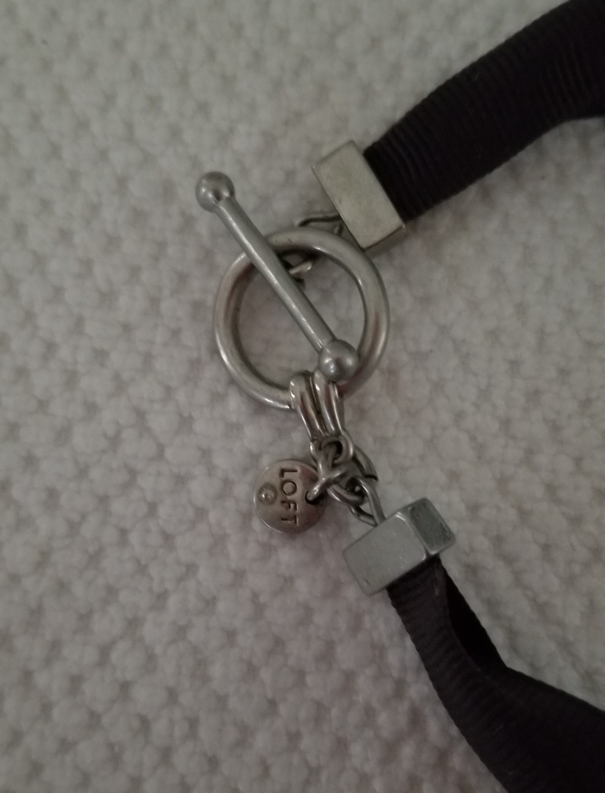 Loft Ann Taylor Silver Tone Chunky Links & Crystals Black Ribbon Toggle Necklace