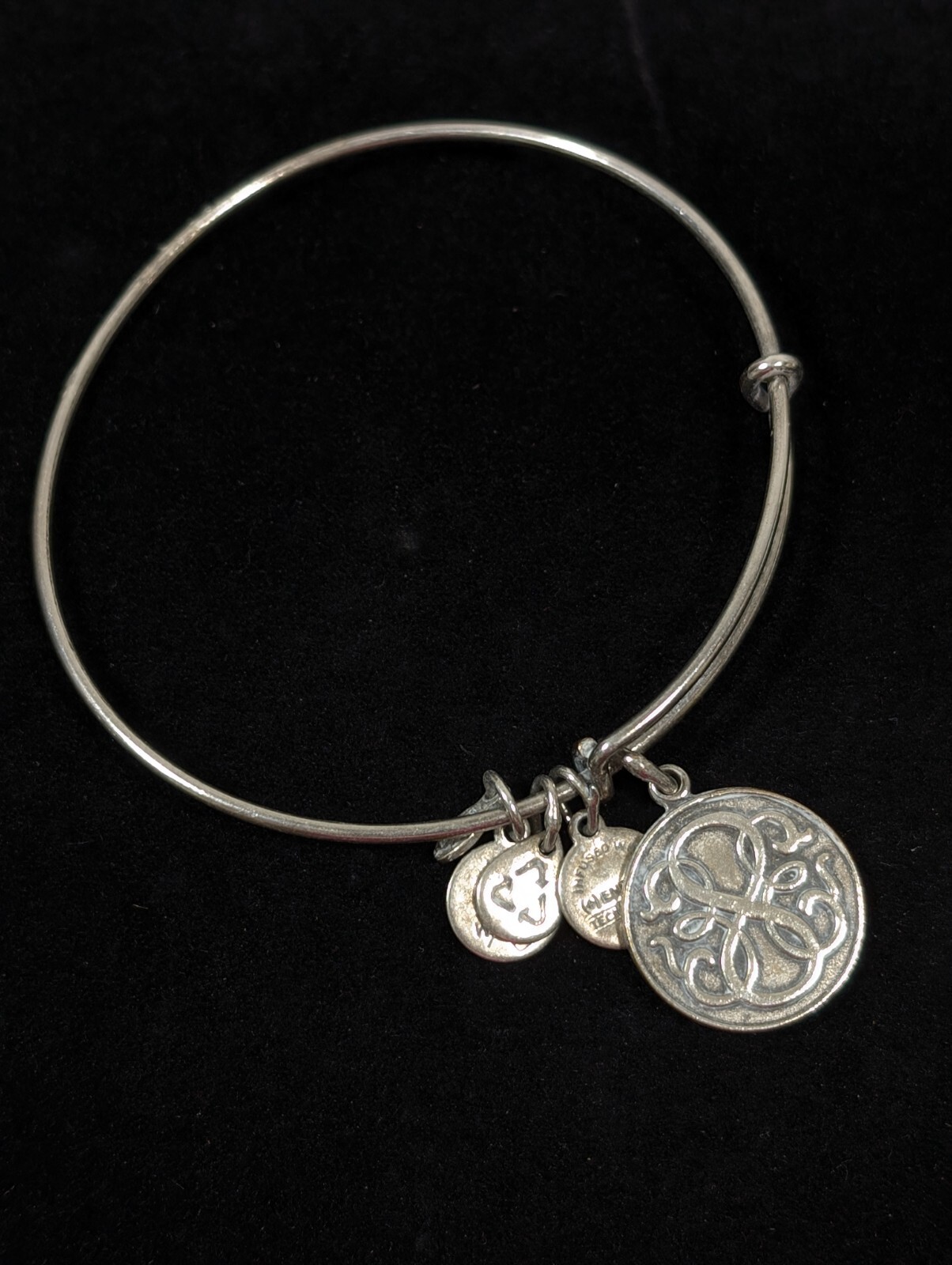 Alex Ani Silver Tone Monogram Round Charm Bangle Bracelet 7.5 in