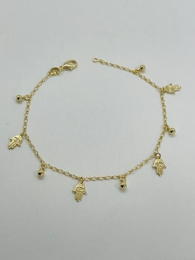 14K GOLD PLATED 10″ ANKLET WITH 4 HAMSAS AND 5 4MM BALL CHARMS DANGLING SA1