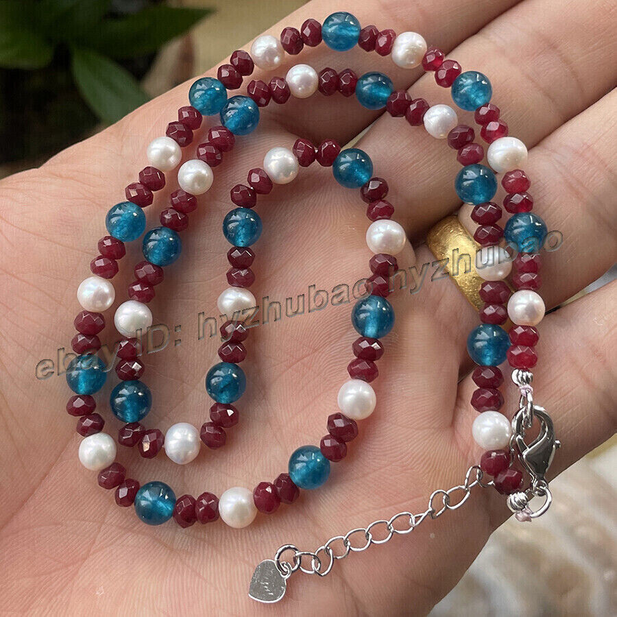 14-50″ Faceted Roundel Red Ruby &Round Apatite Gems & White Pearl Beads Necklace