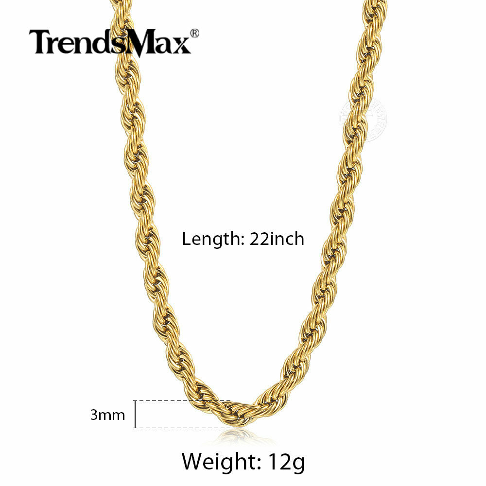3/5MM Gold Stainless Steel Rope Chain Necklace Bracelet Unisex Jewelry Set 7-30″