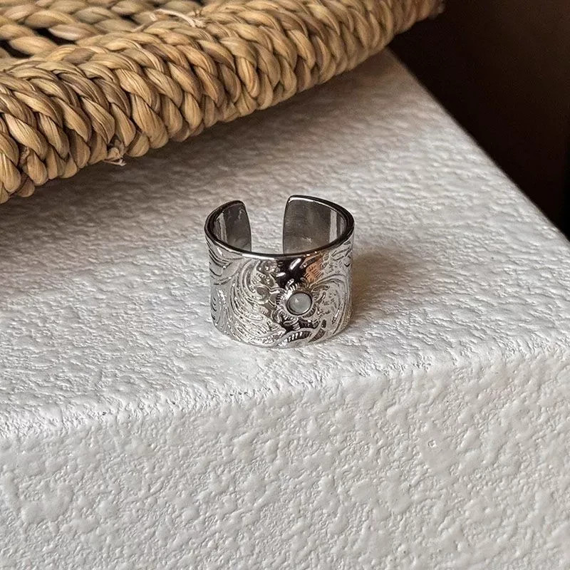 Silver Tone Embossed Moonstone Inlay Vintage Boho Wide Cuff Open Band Ring