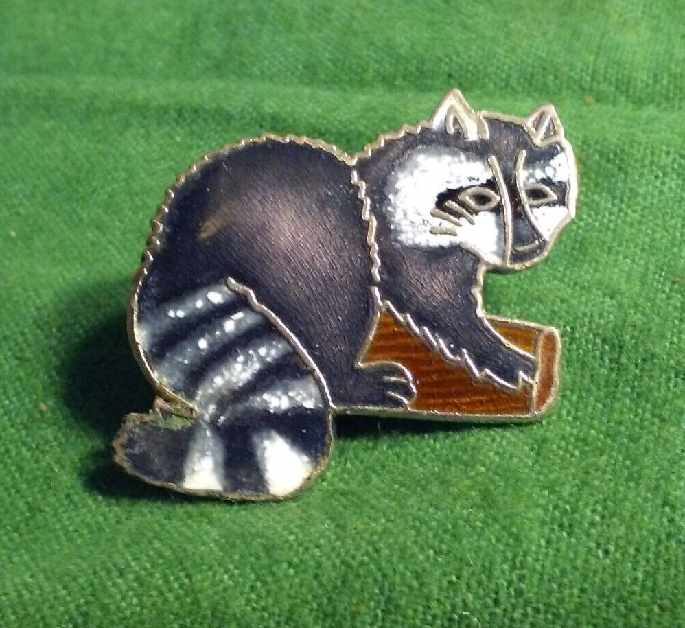 Cute Racoon Silver-Tone Metal & Enamel Lapel Pin 1-3/4″ Inches Wide