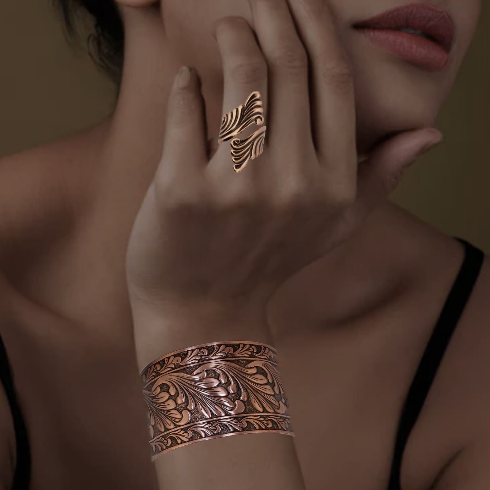 Solid Copper Swirled Scroll Bypass Ring Pure Copper Wraparound & Adjustable