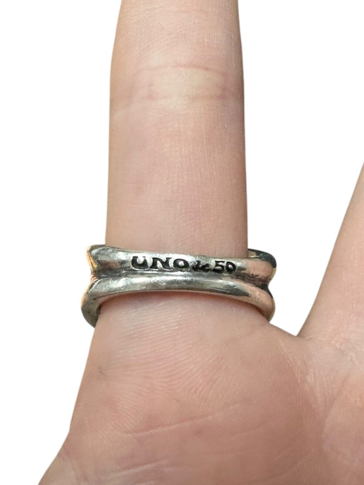 Uno De 50 Sterling silver ring with 3 gray crystals size 8.5