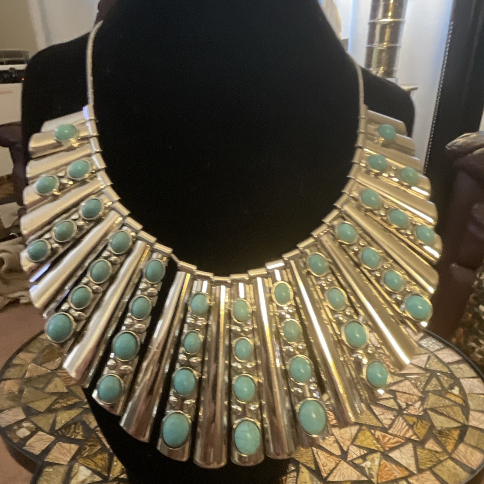 Silver Tone Statement Bib Collar Necklace w/ Oval Blue Turquoise Bead Chain