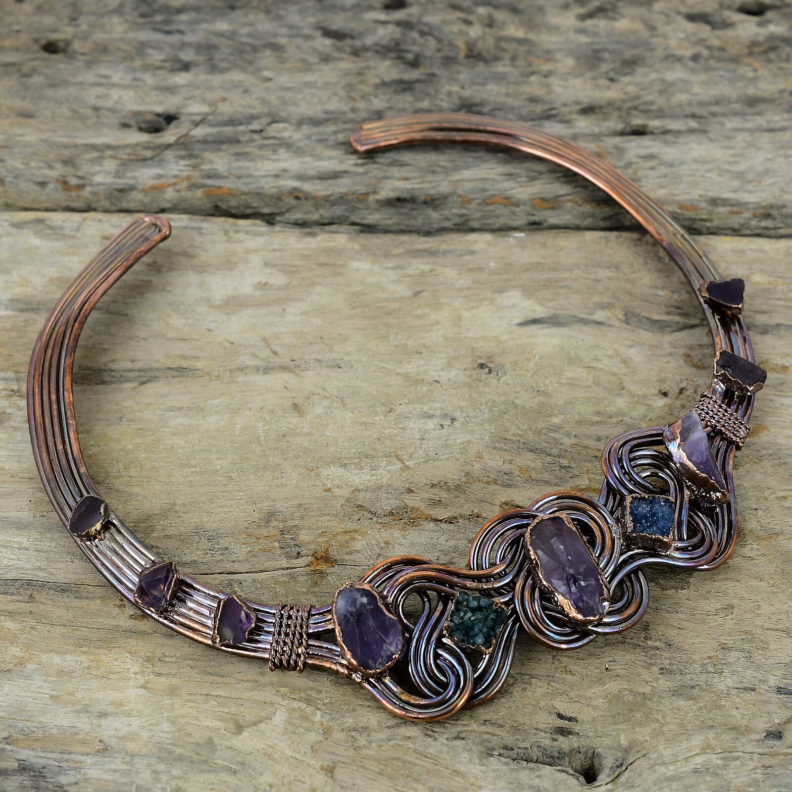 African Amethyst Rough Copper Gift For Mom Electroformed Necklace Adjustable”