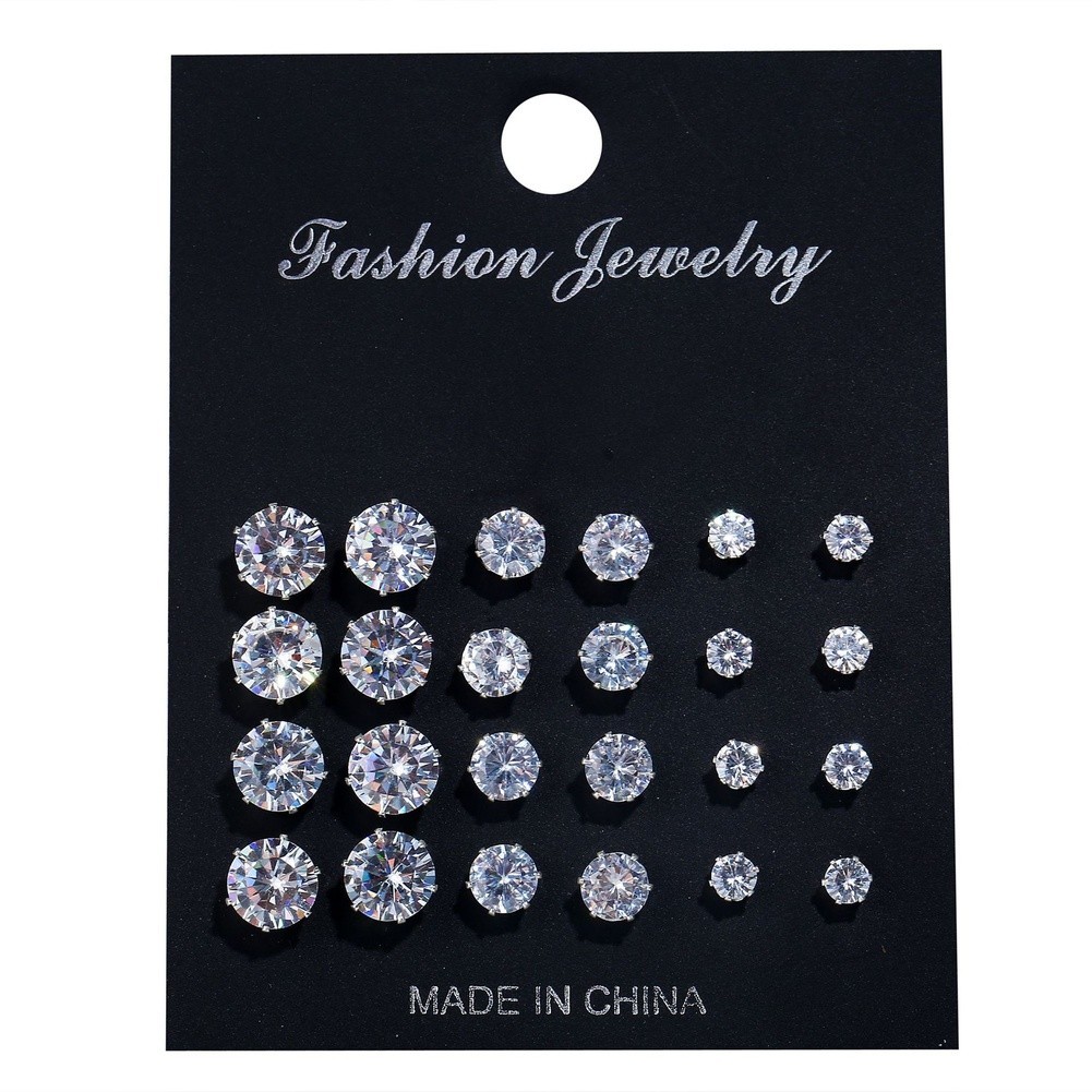 12 Pairs Round Six Prong Zircon Stud Earrings Silver Alloy for Work Events