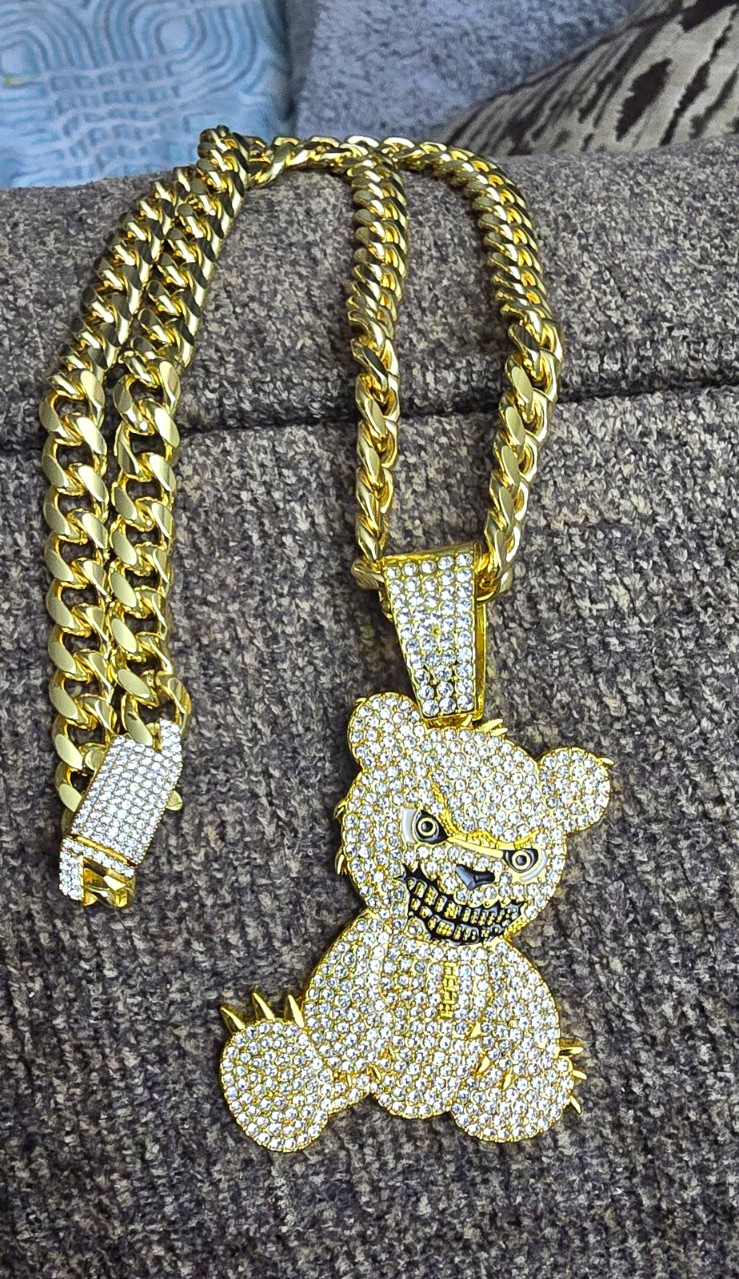 Gold Cuban Link Chain Necklace With Moissanite Box Lock And Cz Bear