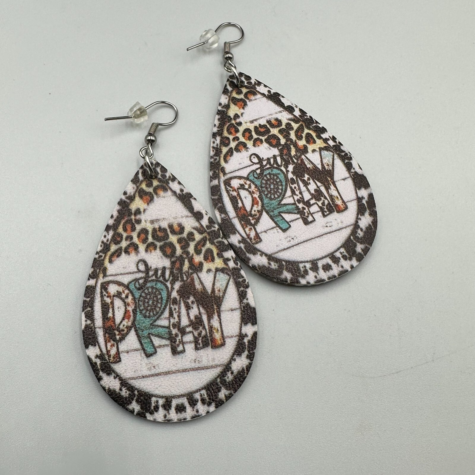 Just Pray Earrings Teardrop Vinyl Animal Print Leopard Western Boho Faith 2.5″