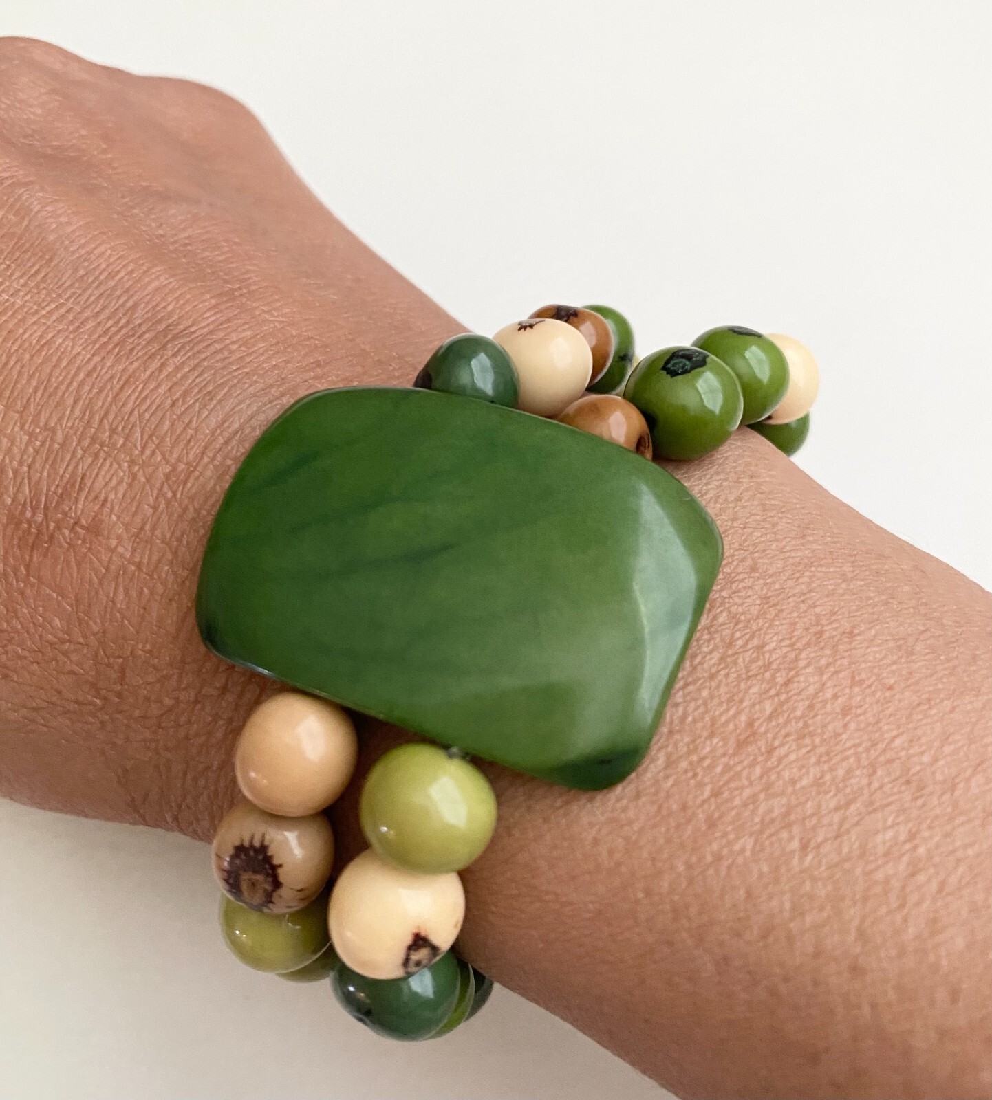 Green, Beige and Brown Tagua Bracelet TAG434, Vegetable Ivory Bracelet
