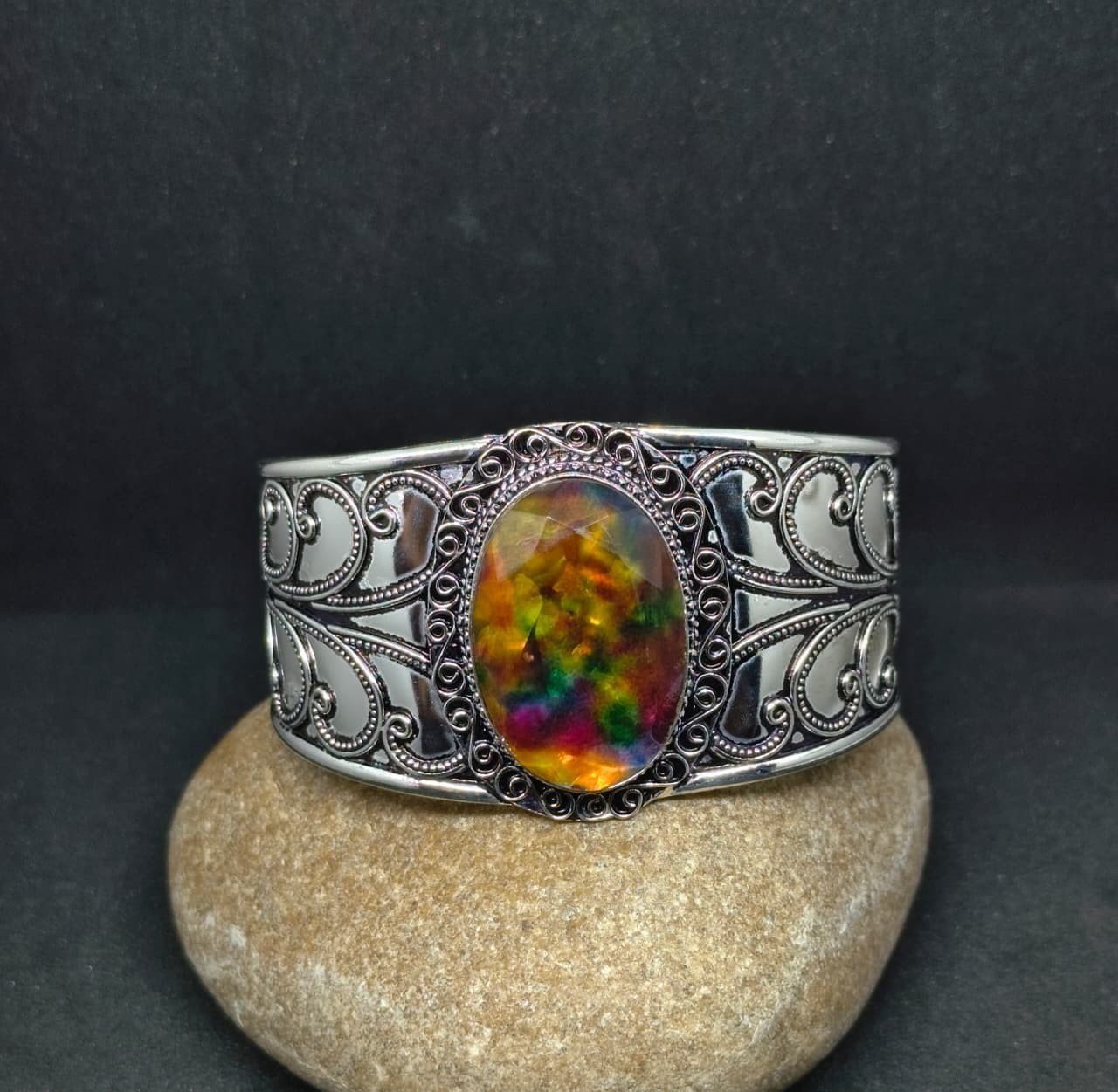 Handmade Ammolite Cuff Bracelet 925 Sterling Silver Bangle