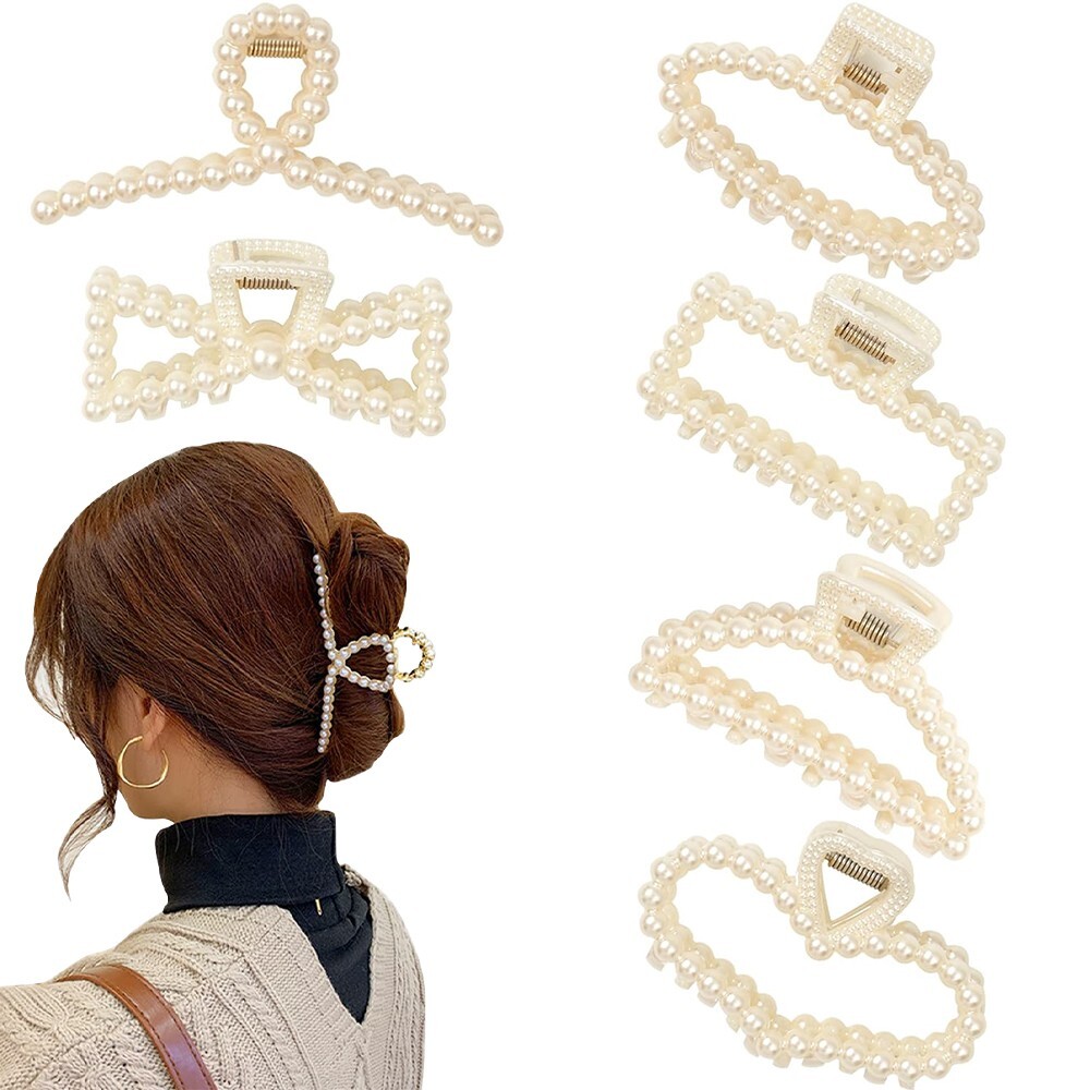 6PCS Korean Pearl Resin Shark Clips – Stylish Hair Accessories for a Trendy Look