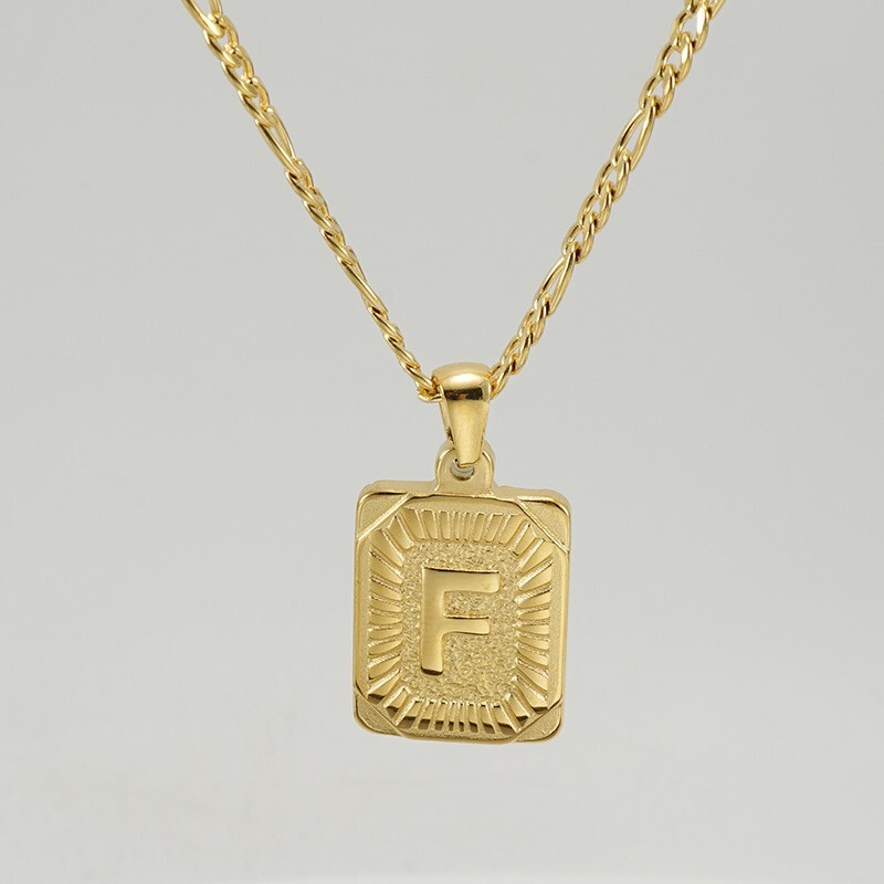 18″ Gold Plated Initial Letter Pendant Necklace Stainless Steel Figaro Chain