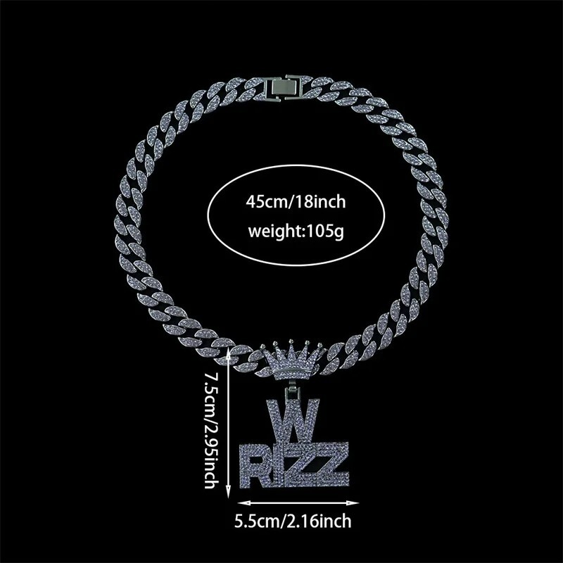 Iced W Rizz Crown Pendant Necklace CZ Bling Hip Hop Miami Cuban Link Chain Mens