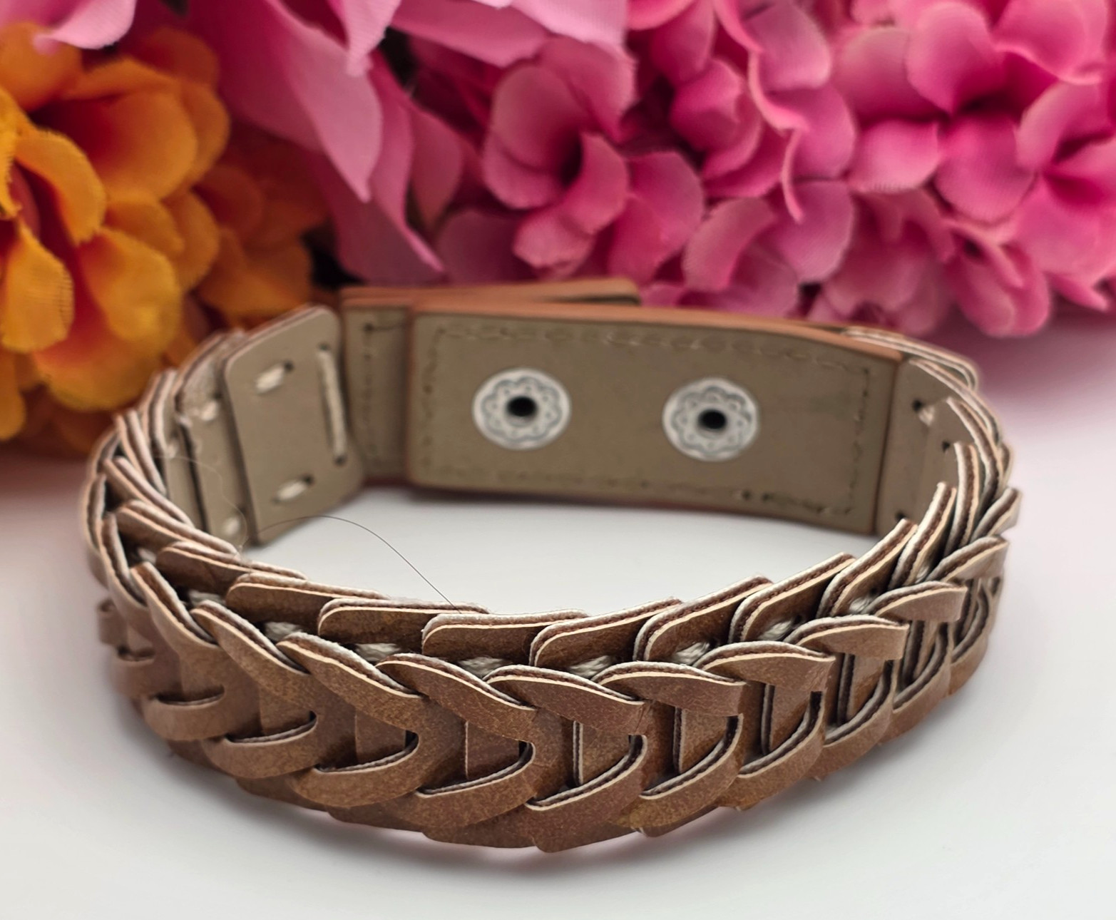 Brown Braided Leather Cuff Bracelet Wide Basket Weave Snap Closure 8.5 in