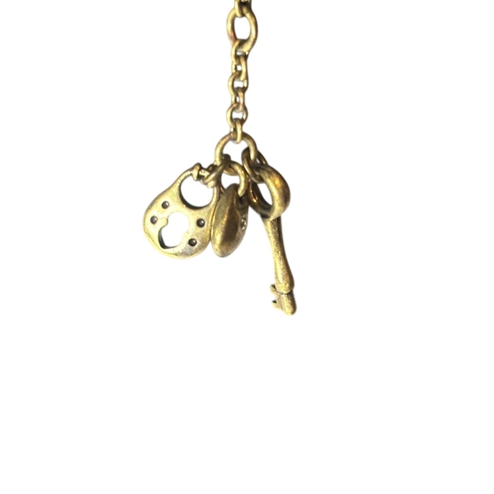 Fossil Gold Tone Square Medallion Pendant Necklace 16” Lock Key Rhinestone Bail