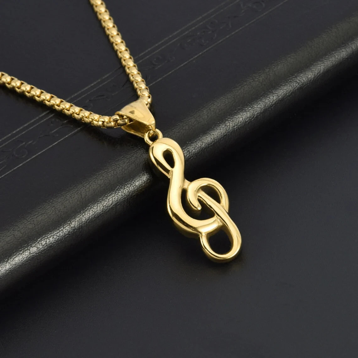 Gold Music Note G Treble Clef Pendant Necklace with Chain 24″ Mens Womens