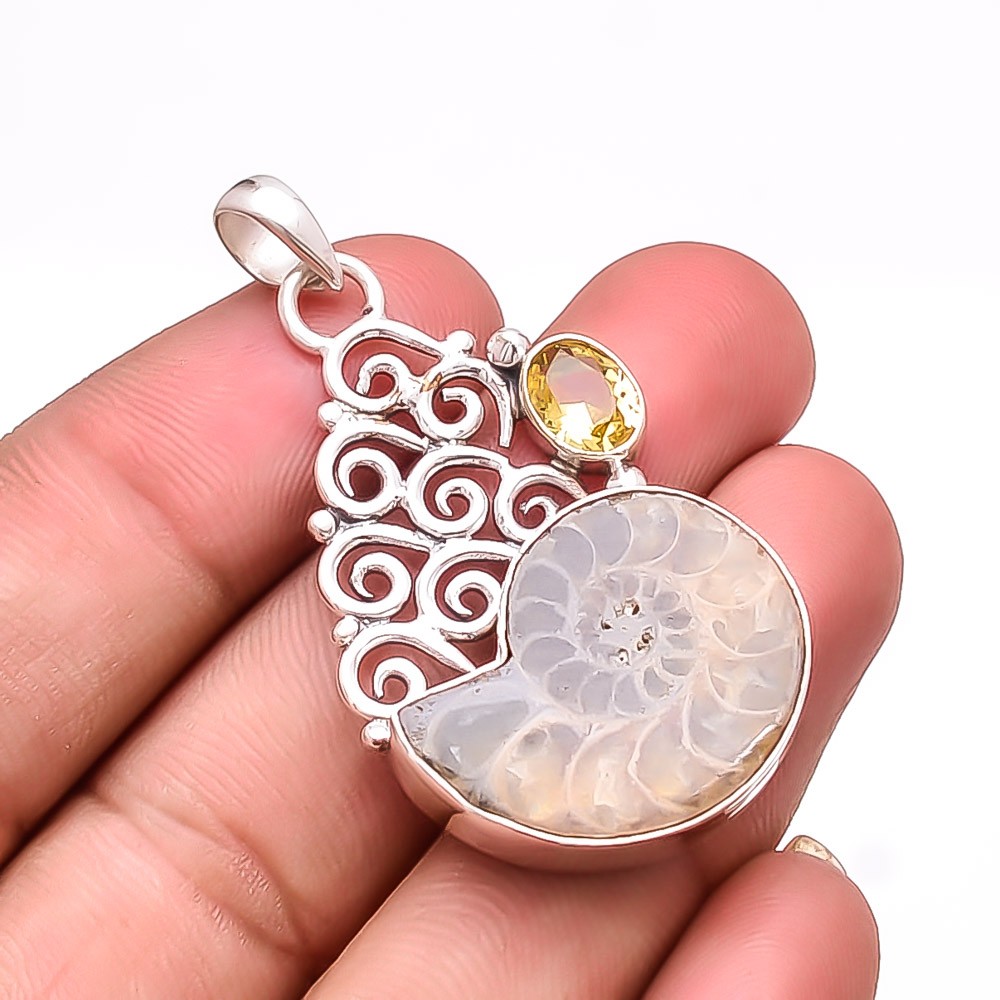 Cleoniceras Cleon Ammonite – Fossil & Citrine 925 Sterling Silver Pendant 1.95″