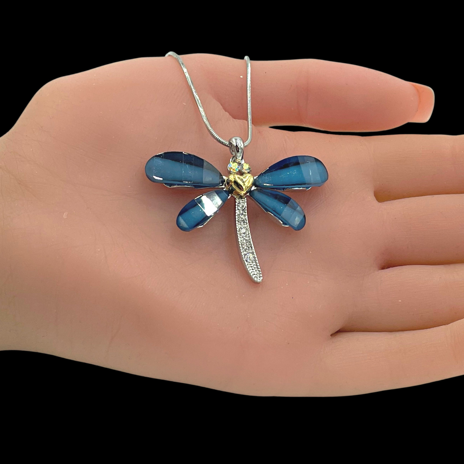 Blue Crystal Dragonfly Pendant Necklace White Gold