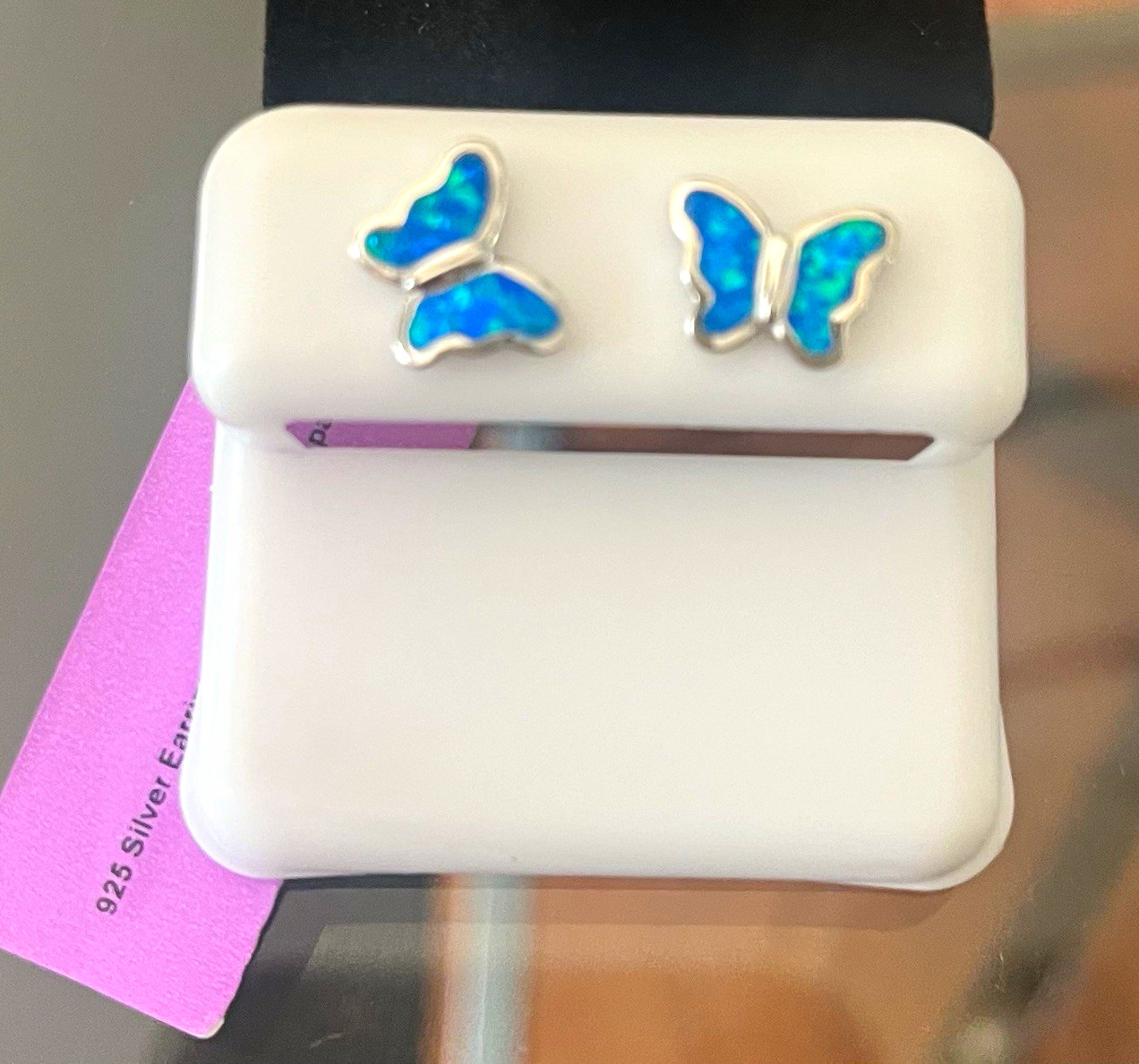 925 Sterling Silver Blue/Green Opal Butterfly Stud Earrings Bezel Set