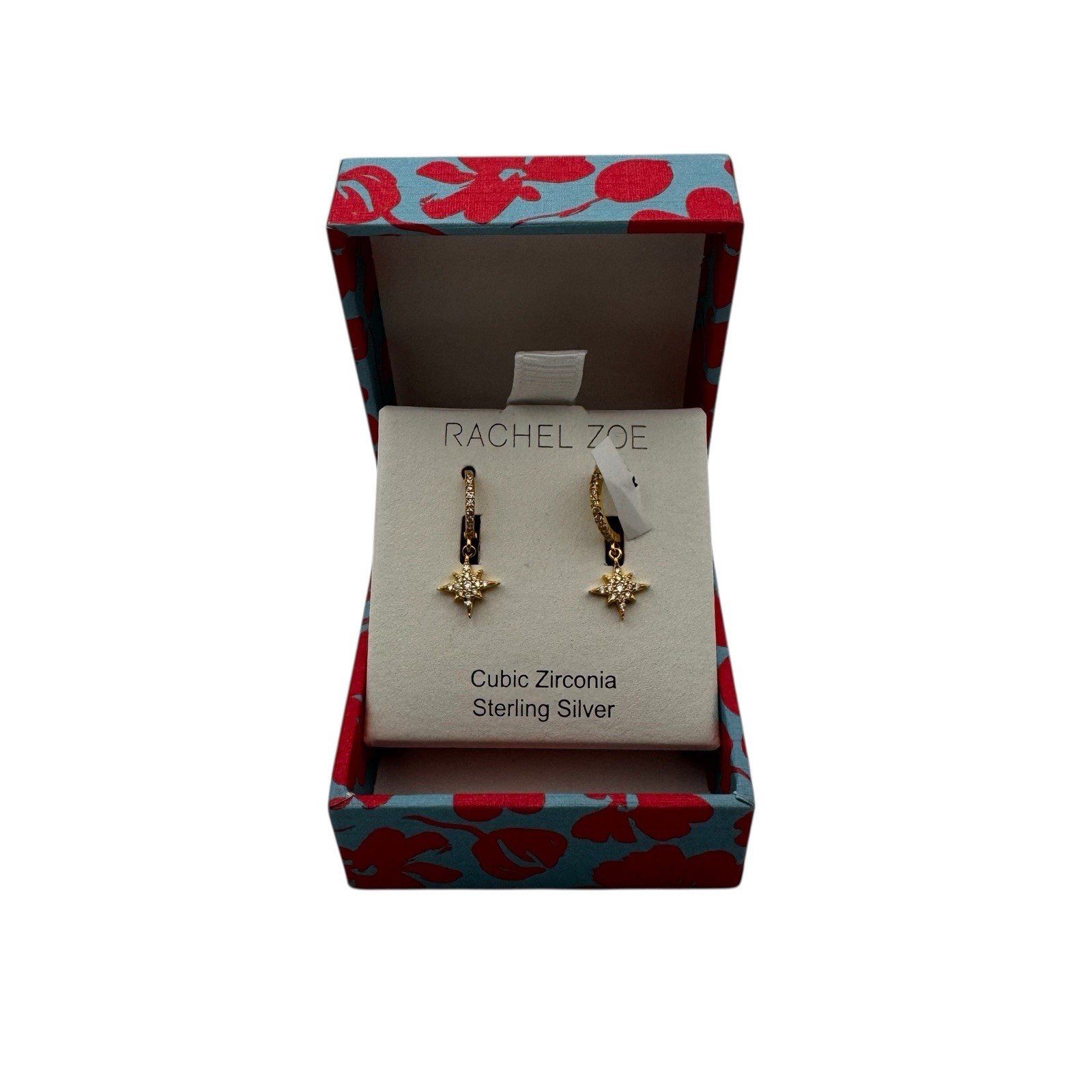 Rachel Zoe Sterling Silver Gold Color Star Hoop Earrings Cubic Zirconia Stones