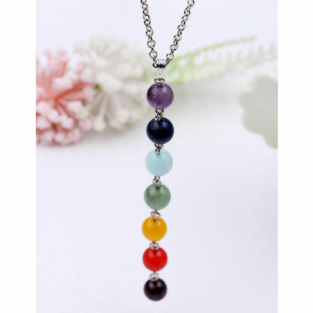 New 7 Chakra Crystal Quartz Stone Bead Pendant Necklace Reiki Balance Yoga
