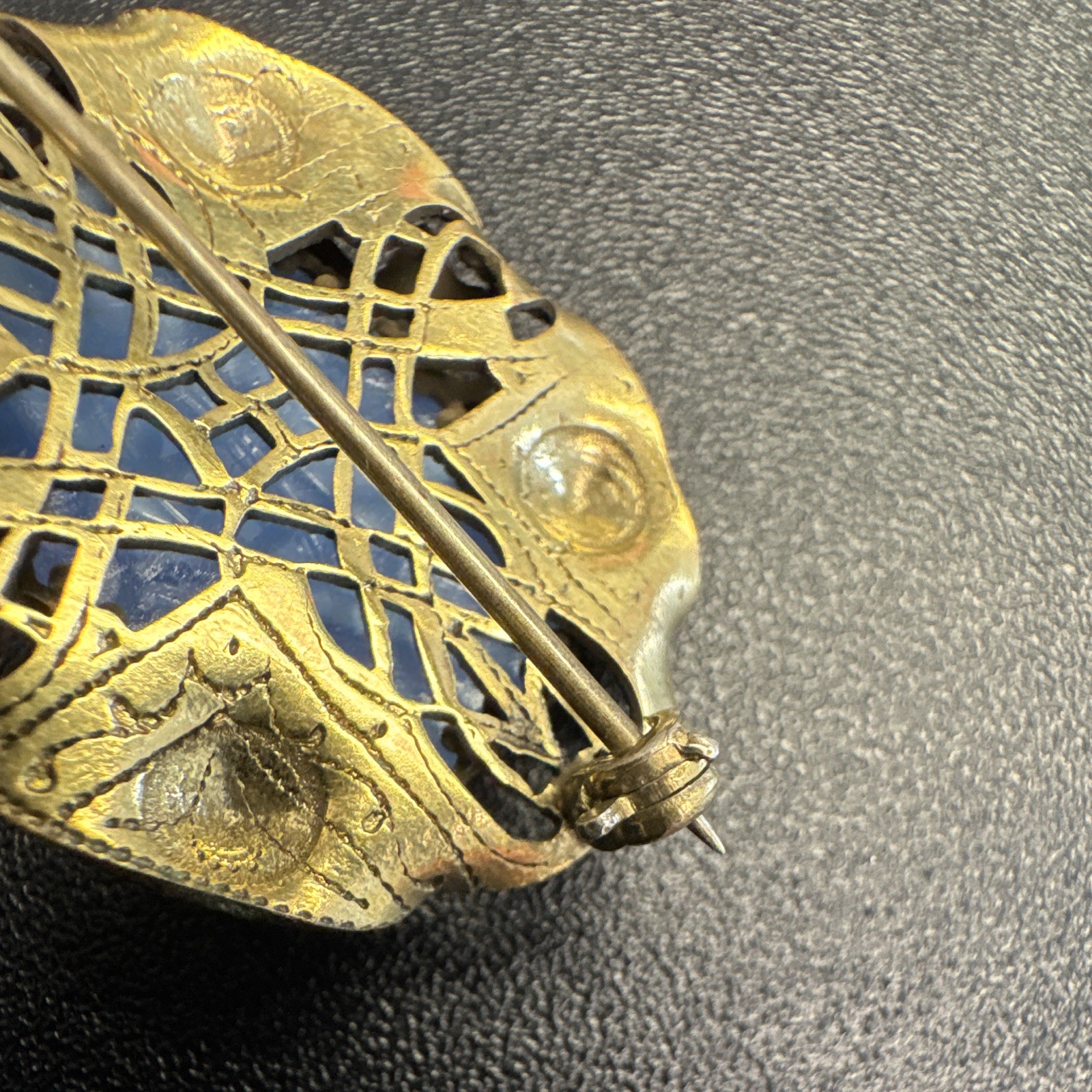 Vintage brass filigree bird brooch blue cabochon. Unique