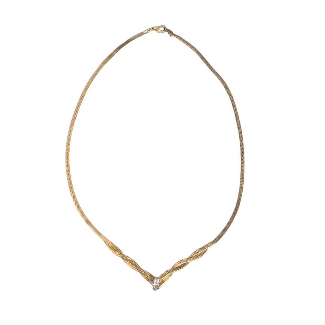 Vintage Gold Plated Herringbone Twisted V Necklace Marquise Crystal SP Signed