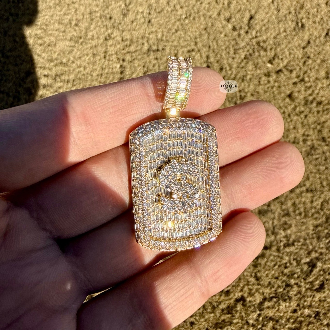 14k Gold Plated Iced Money Dog Tag Hip Hop Mens Pendant + Steel Rope Chain