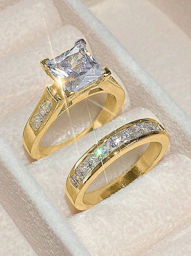 2PCS Square Crystal Wedding Ring Set Polished Elegant Bridal Women’s Jewelry USA