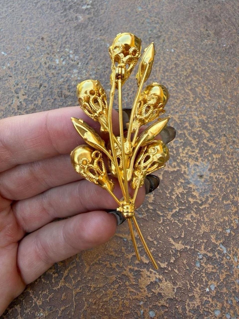 Gold Tone Floral Spray Brooch Pin Yellow Rhinestones & Amber Navette Stones