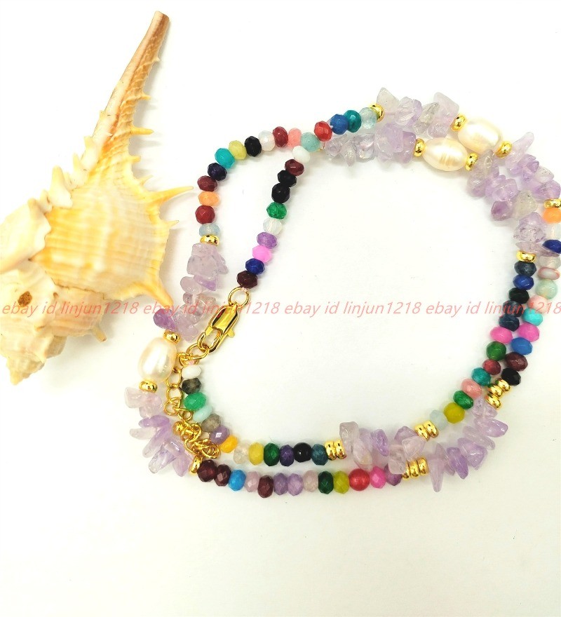 Natural 2x4mm Multicolor Jade Amethyst Crushed Stone White Pearl Necklace16-36in