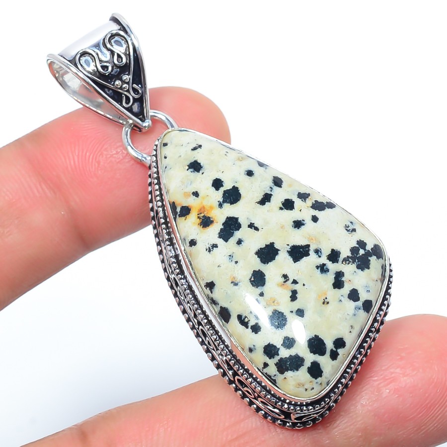 Natural Fine Art – Dalmation Jasper Handmade Silver Plated Bali Pendant 2.26″