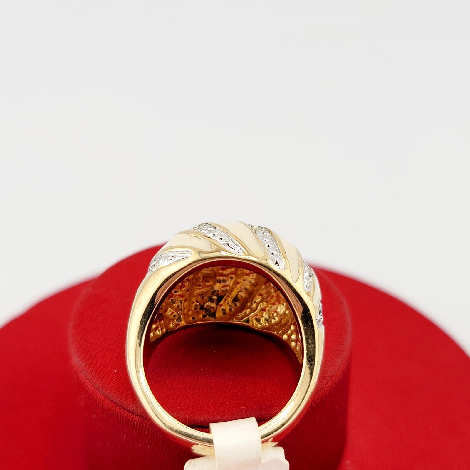 Vtg Ring Sz 7 Cream Enamel Dome Domed Bubble Rhinestones Jewelry 18KGE S#3
