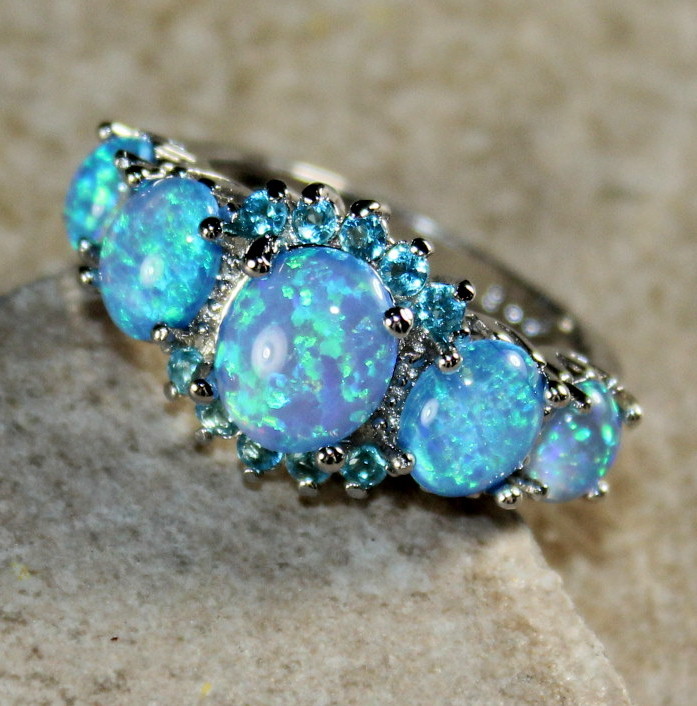 SILVER Elegant Blue Fire Opal & Sky Blue Topaz Ring Size 6, WR41603