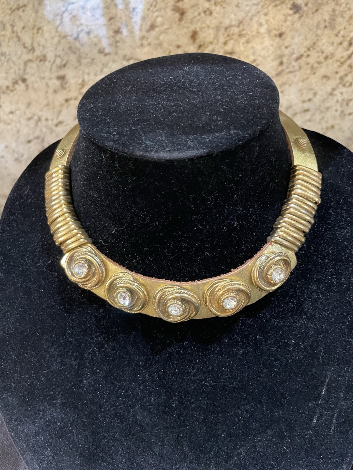 Vintage Leather and Metal Rhinestone Choker Necklace Unique detail snap closure