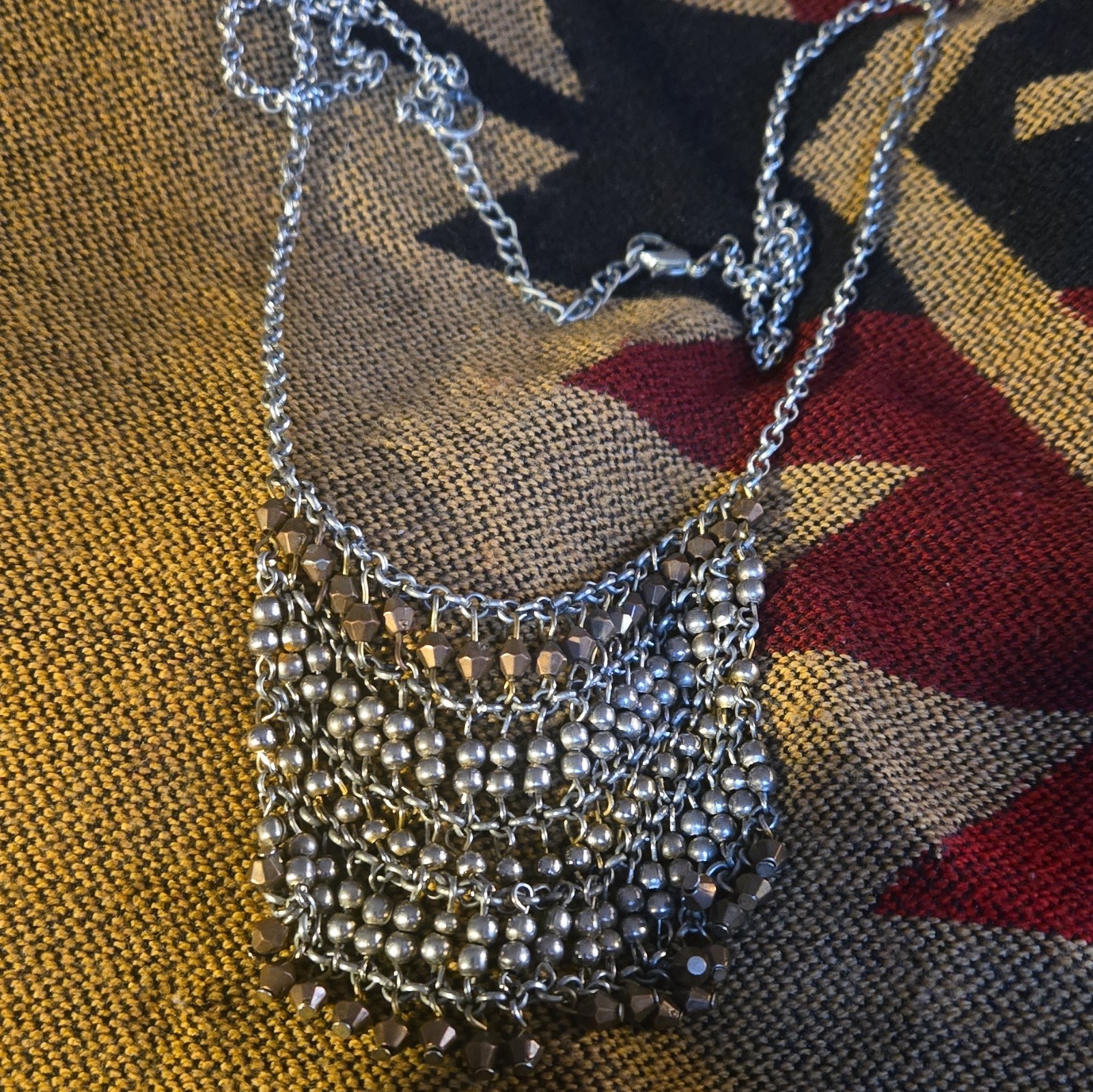 Silver Tone Cable Chain Statement Necklace Brown Crystal Bicone Pearl Lobster