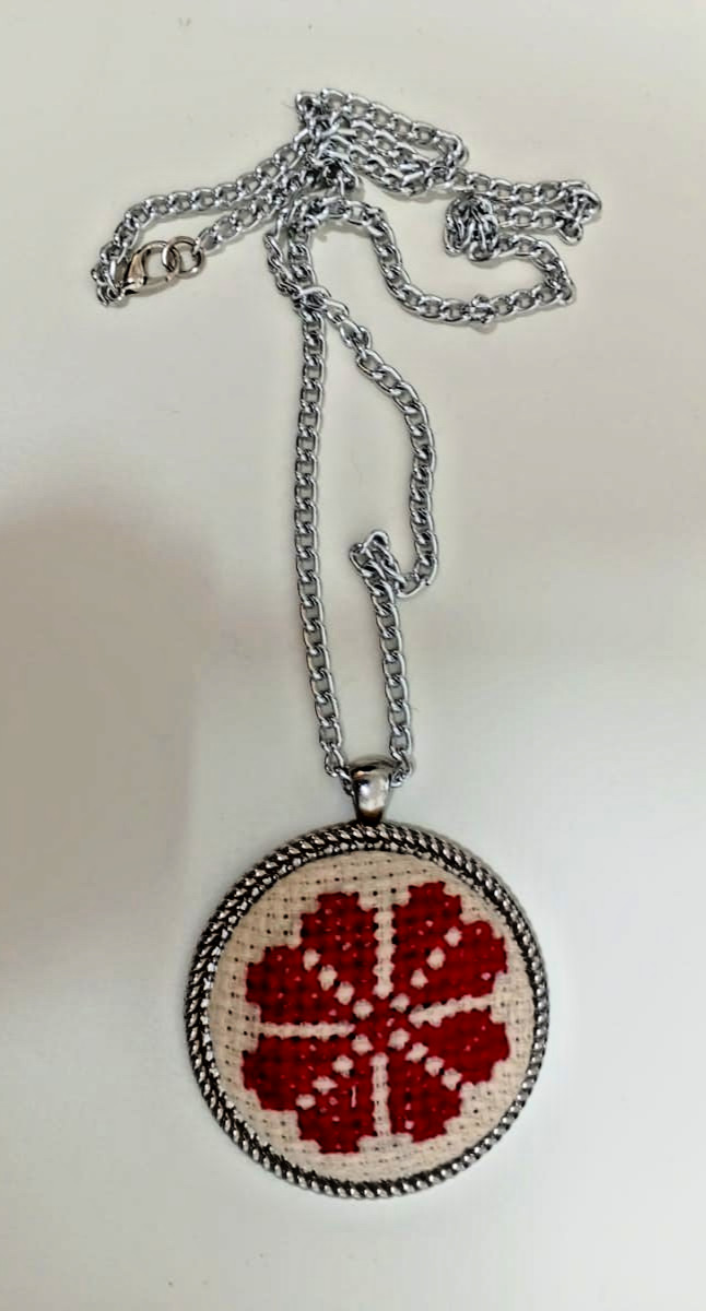 Handmade Cross Stitch Aida Fabric Pendant Necklace Stainless Steel Chain