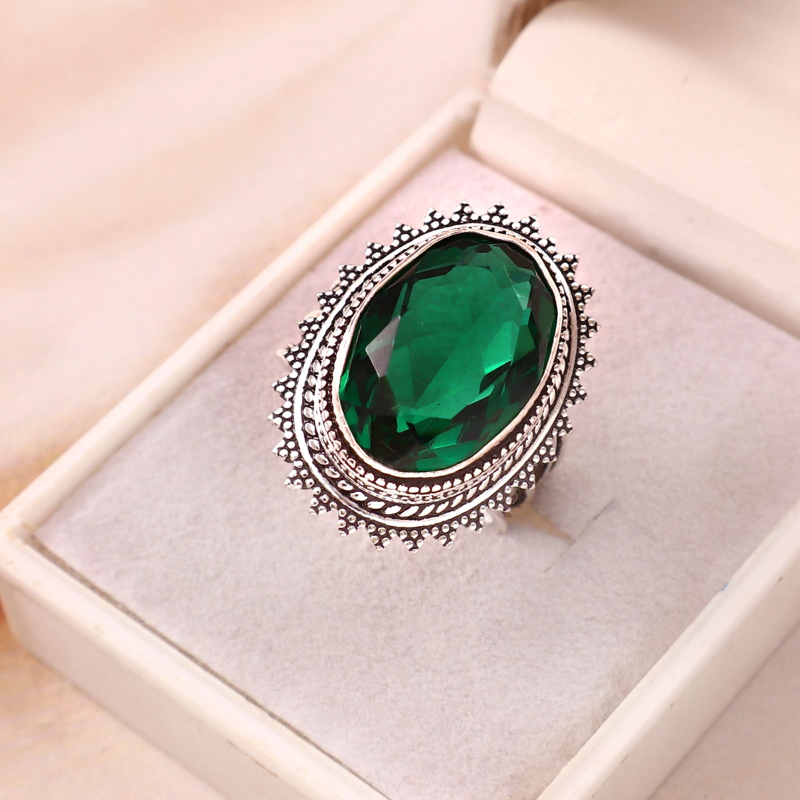 Handmade Oval Emerald Sterling Silver Statement Ring, Vintage Design