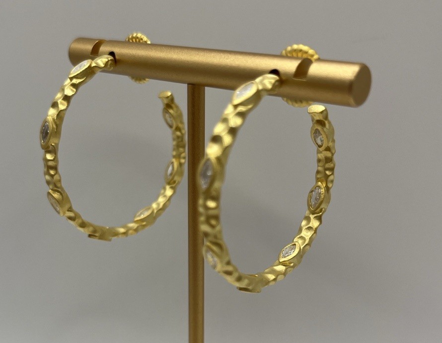 Freida Rothman Gold Hammered Hoop Earrings With CZ Bezel Detail NEW